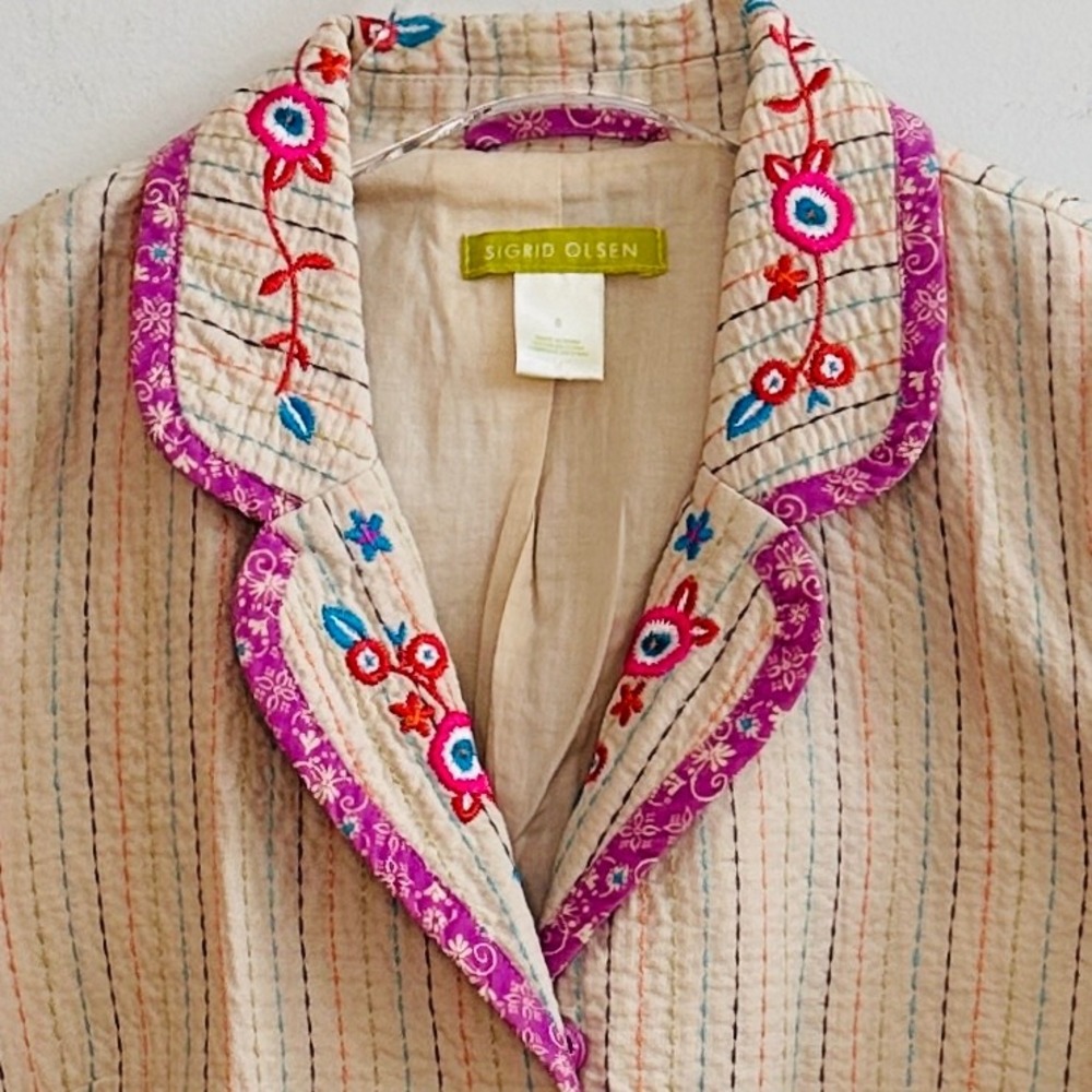 Sigrid Olsen Womens 8 Quilted Kantha Blazer Floral Embroidered Cotton Jacket Tan - Picture 4 of 8